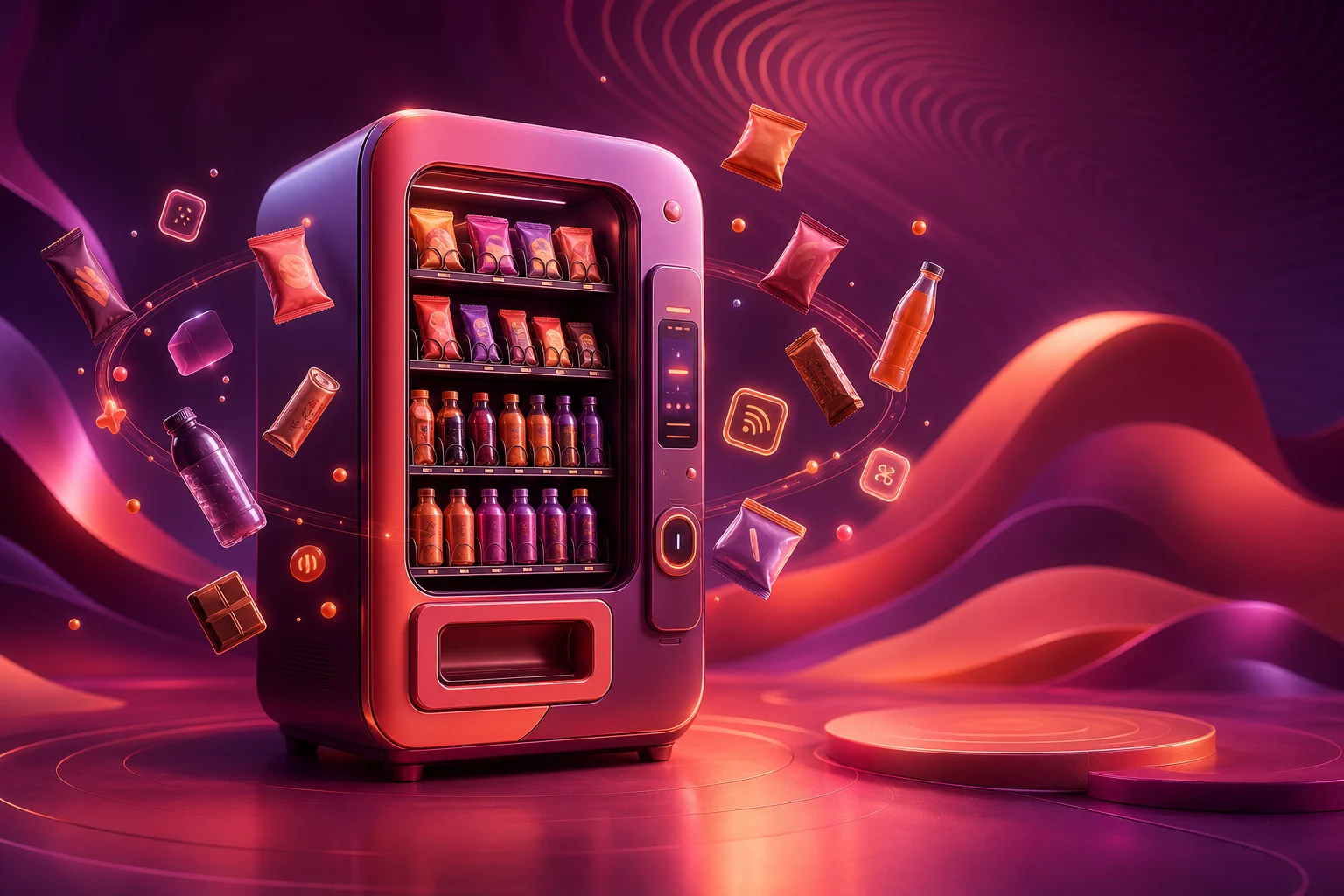 Stylized smart vending machine surrounded by snacks and connected-service signals