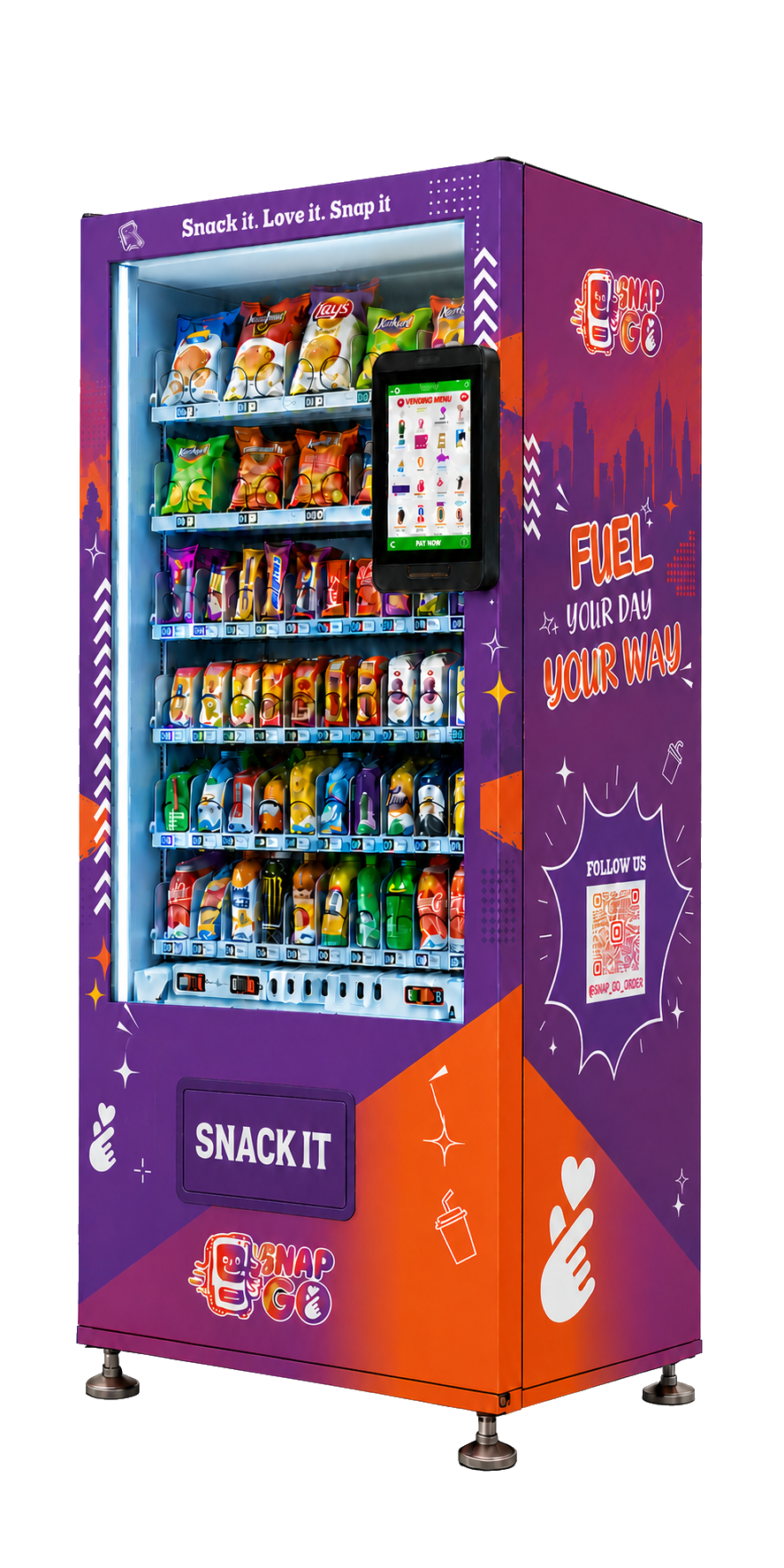 Updated purple and orange SnapGo branded vending machine